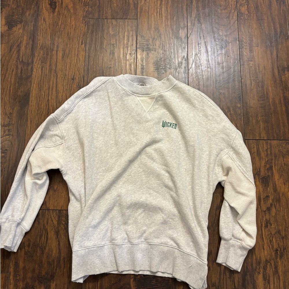 aerie Cream Crewneck Sweater with Green 'Wicked' Logo